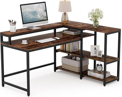 Reversible L Shaped Computer Desk with Storage Shelf, Industrial Corner Desk with Monitor Stand for Home Office