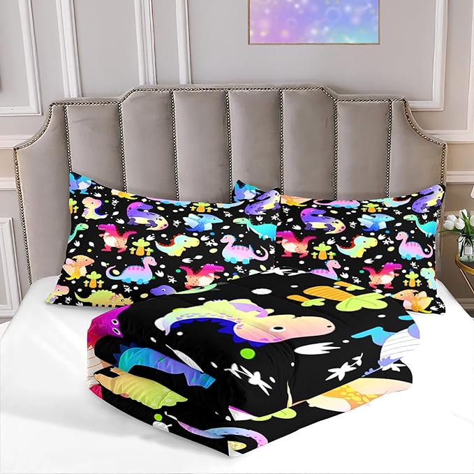 Cartoon Dinosaur Comforter Set for Boys Colorful Gradient Dinos Bedding Sets Queen Size Cute Dinosaurs Prints Comforter Set Soft Microfiber 3Pcs Bed Sets with 2 Pillowcases