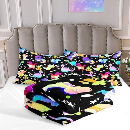 Cartoon Dinosaur Comforter Set for Boys Colorful Gradient Dinos Bedding Sets Queen Size Cute Dinosaurs Prints Comforter Set Soft Microfiber 3Pcs Bed Sets with 2 Pillowcases