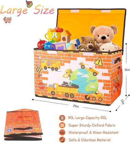 Large Toy Box Chest, Collapsible Sturdy Toy Storage Organizer for Kids, Boys, Girls, 25"x13"x16" Toy Chest Storage Bins with Lids Toy Bins Baskets Boxes for Living Room, Playroom, Nursery, Orange