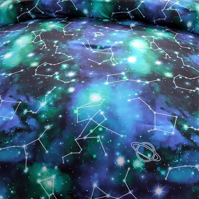 Holawakaka Tie Dye Constellation Print Ombre Comforter Set Twin Size Girls Boys Gradient Galaxy Bedding Set (Black Green,Twin)