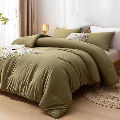 Olive Green Queen Comforter Set 3PCS Farmhouse Bed Comforter Set Queen Size Soft Lightweight Down Alternative Microfiber Comforter for All Season (1 Comforter, 2 Pillowcases)