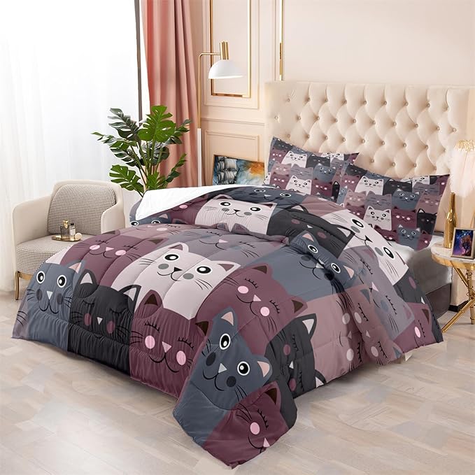 Cartoon Cat Bedding Set - 3Pcs Cute Cat Comforter Set for Bedroom Kids Boys Girls Cat Bedding Decor for All-Season Kawaii Kitten Pattern Lovely Animal 1 Cat Comforter with 2 Pillowcases, Queen Size