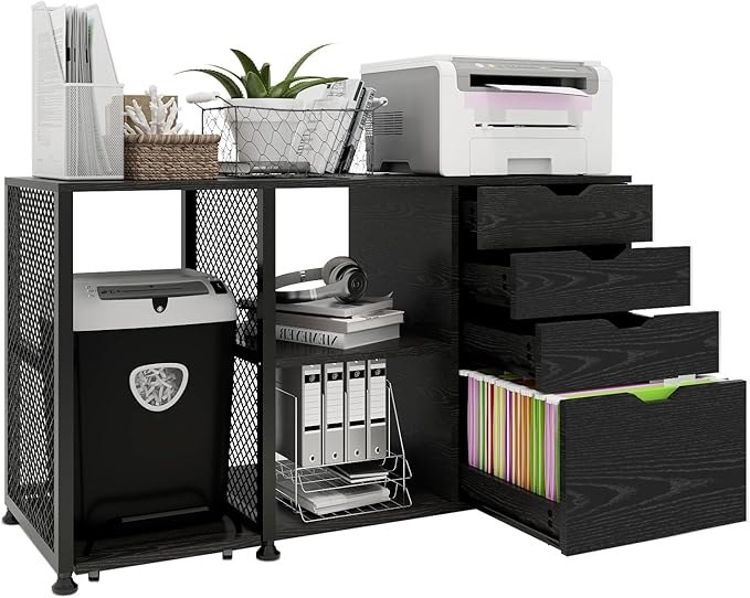 PUNCIA Office Lateral File Storage Cabinet with Paper Shredder Stand On Wheel Large Lateral Filing Cabinet with Drawers Filing Cabinet Organizer Printer Stand with Storage for Home Office