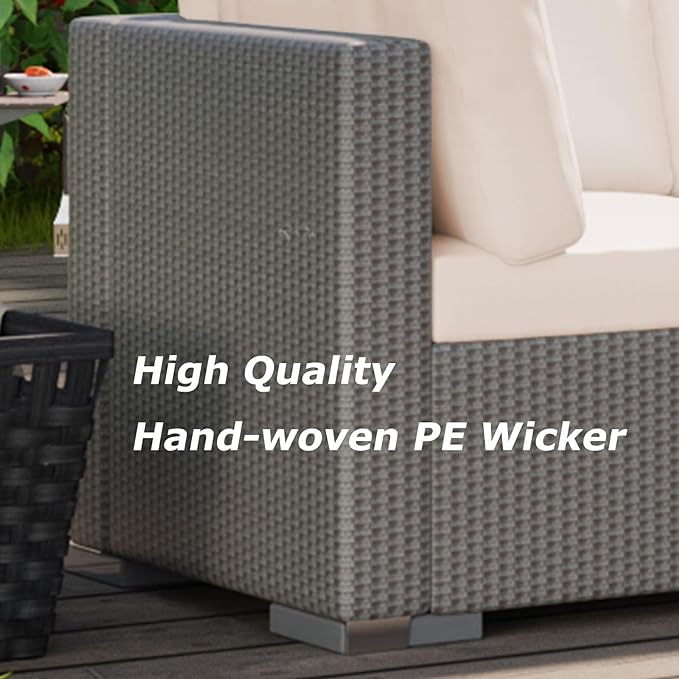 GAOMON 5-Piece Outdoor Patio Rattan Wicker Sofa Set, Pe Rattan Conversation Sectional with Thickened Back Cushion, Glass Tabletop, Ottoman - Ideal for Courtyard Space, Beige