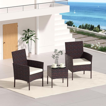 Patio Furniture Set 3 Pieces All-Weather Rattan Outdoor Furniture Patio Chairs with Tempered Glass Table for Porch Bistro Balcony Bistro Set(Brown/Beige-2)