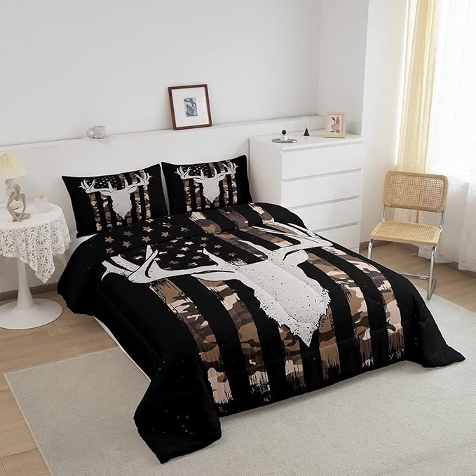 Erosebridal American Flag Comforter Set, Deer Hunting Bedding Twin Size for Kids Boys Teens Bedroom, Brown Military Camo Bedding Comforter Sets USA Federations Stars Duvet Insert with 1 Pillowcase