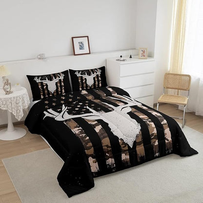 Erosebridal American Flag Comforter Set, Deer Hunting Bedding Twin Size for Kids Boys Teens Bedroom, Brown Military Camo Bedding Comforter Sets USA Federations Stars Duvet Insert with 1 Pillowcase