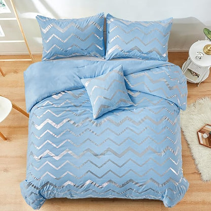 Blue/Silver Comforter Set Twin, Metallic Print Glitter Bedding Set Cute Shinny Bed Sets for Teen Girls Kids Women, 3 Piece (1 Pillowcase, 1 Decorative Pillow Sham)