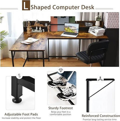 LUARANE 65.5 Inches L-Shaped Desk, Industrial Computer Desk with Hutch File Rack, Space Saving Corner Desk with Metal Frame, Computer Workstation for Home Office (Coffee)