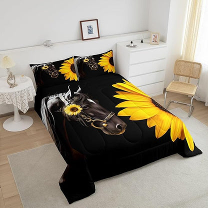 Erosebridal Horse Comforter Set Twin,Sunflower Horse Bedding set for Boys Girls Teens Adults,Western cowboy Farmhouse Down Comforter farm animal Quilt Duvet Sets Bedroom Decor 1 Pillow Case Black
