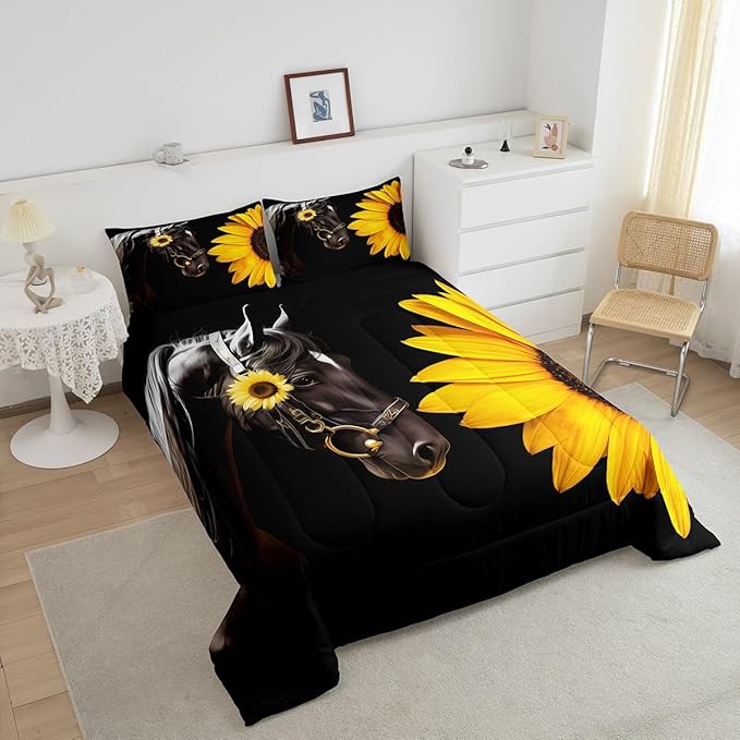 Erosebridal Horse Comforter Set Queen,Sunflower Horse Bedding set for Boys Girls Teens Adults,Western cowboy Farmhouse Down Comforter farm animal Quilt Duvet Sets Bedroom Decor 2 Pillow Cases Black