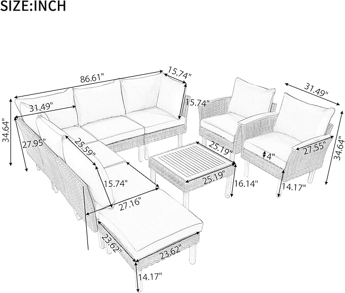 Merax Outdoor Patio Furniture Sets, Free Combination Wicker Sofa, 9-Piece, Rattan w/Wood Tabletop & Legs, Beige
