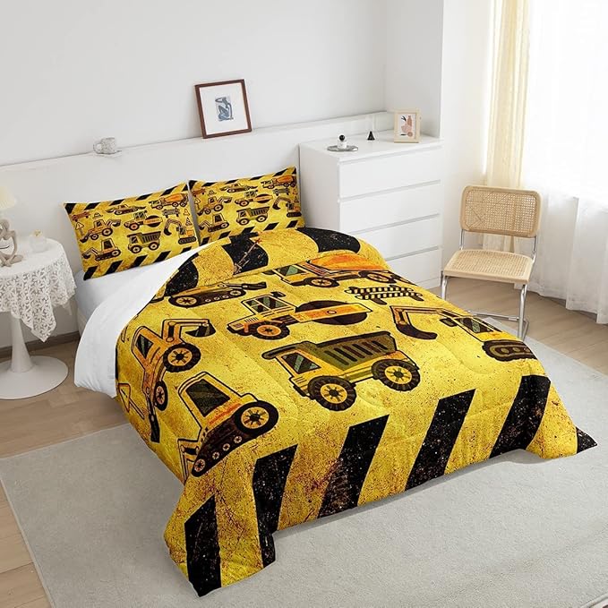 Tractor Bedding Set King Size, Equipment Truck Comforter Set, Construction Excavator Down Comforter, Yellow Vehicle Super Soft Quilt Set for Kids Boys Teens, Construction Site Car Comforter Decor