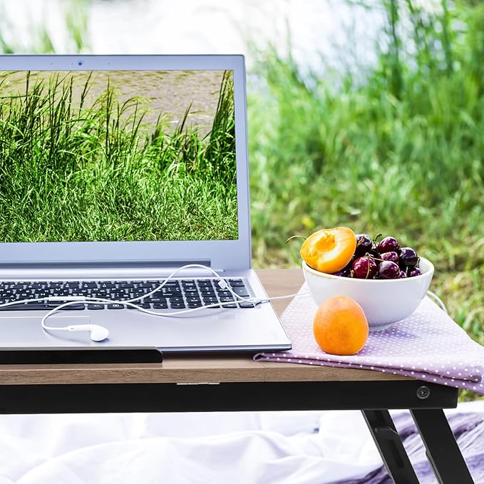 Bamboo Laptop Desk Bed Tray Table Adjustable Table for Computer Tilting Top Foldable Leg with Drawer