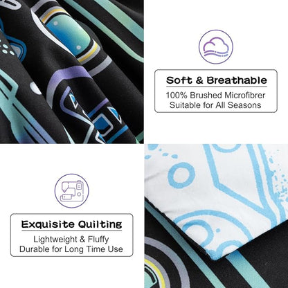 Meeting Story Gamer Gaming Bedding Sets Fluorescence Gamepad Comforter Set for Boys Games Console Action Buttons Novelty Colorful Modern Room Decor Home Quilt Set (Black, Twin6pcs)