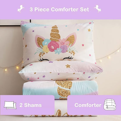 Full Size Comforter Set for Girls, 5-Piece Bed in a Bag, 3D Colorful Unicorn Bedding Comforter Sheet Set, Ultra Soft and Fluffy, Pink & Rainbow Color