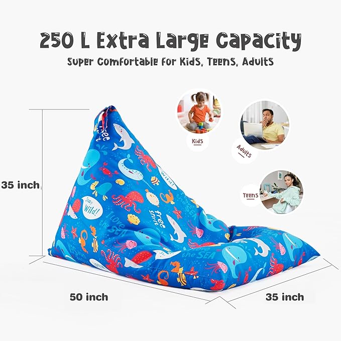 Nobildonna Stuffed Animal Storage Bean Bag Chair Cover Only for Kids and Adults, Extra Large Beanbag without Filling Plush Toys Holder and Organizer- Premium Canvas 250L (Sea Animals)