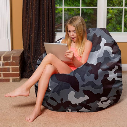 Posh Creations Bean Bag Chair for Kids, Teens, and Adults Includes Removable and Machine Washable Cover, Soft Nylon - Camo Dark and Black Gray, 48in - X-Large