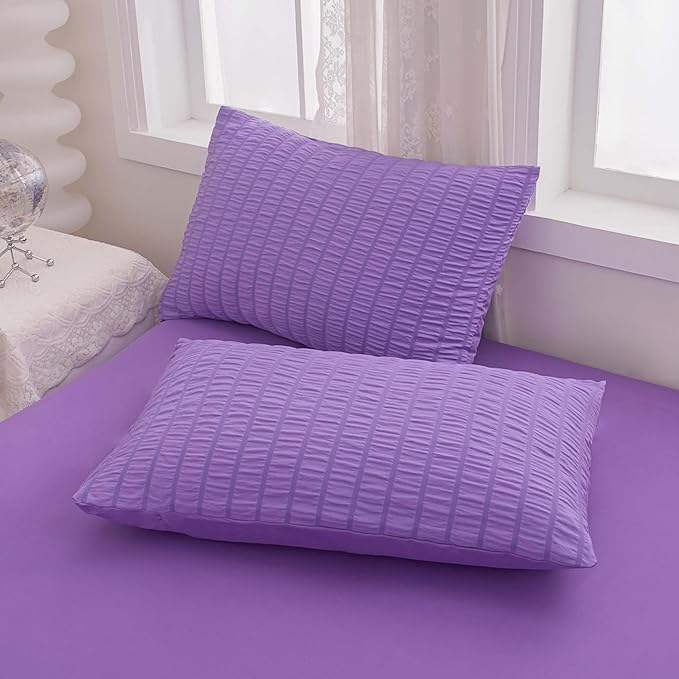 King Bed in a Bag Purple Seersucker Comforter Set 3-Pieces Microfiber Lightweight Comforter All Season Bedding Sets with 2 Pillowcases……