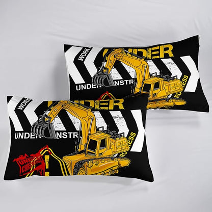 Excavator Comforter Twin Size,Construction Truck Comforter Set for Kids Teens Boys Girls,3Pcs Bedding Set Printed Comforter with 2 Pillowcases,Soft and Lightweight(Black，Twin Size)