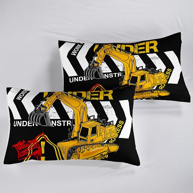 Excavator Comforter Queen Size,Construction Truck Comforter Set for Kids Teens Boys Girls,3Pcs Bedding Set Printed Comforter with 2 Pillowcases,Soft and Lightweight(Black，Queen Size)