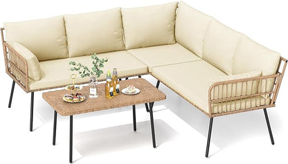 DWVO 4 Pieces Patio Furniture Set, Outdoor Rattan Woven Patio Conversation Set Sectional L-Shaped Sofa with 5 Seater for Backyard, Porch, Boho Detachable Lounger with Cushions and Side Table (Beige)