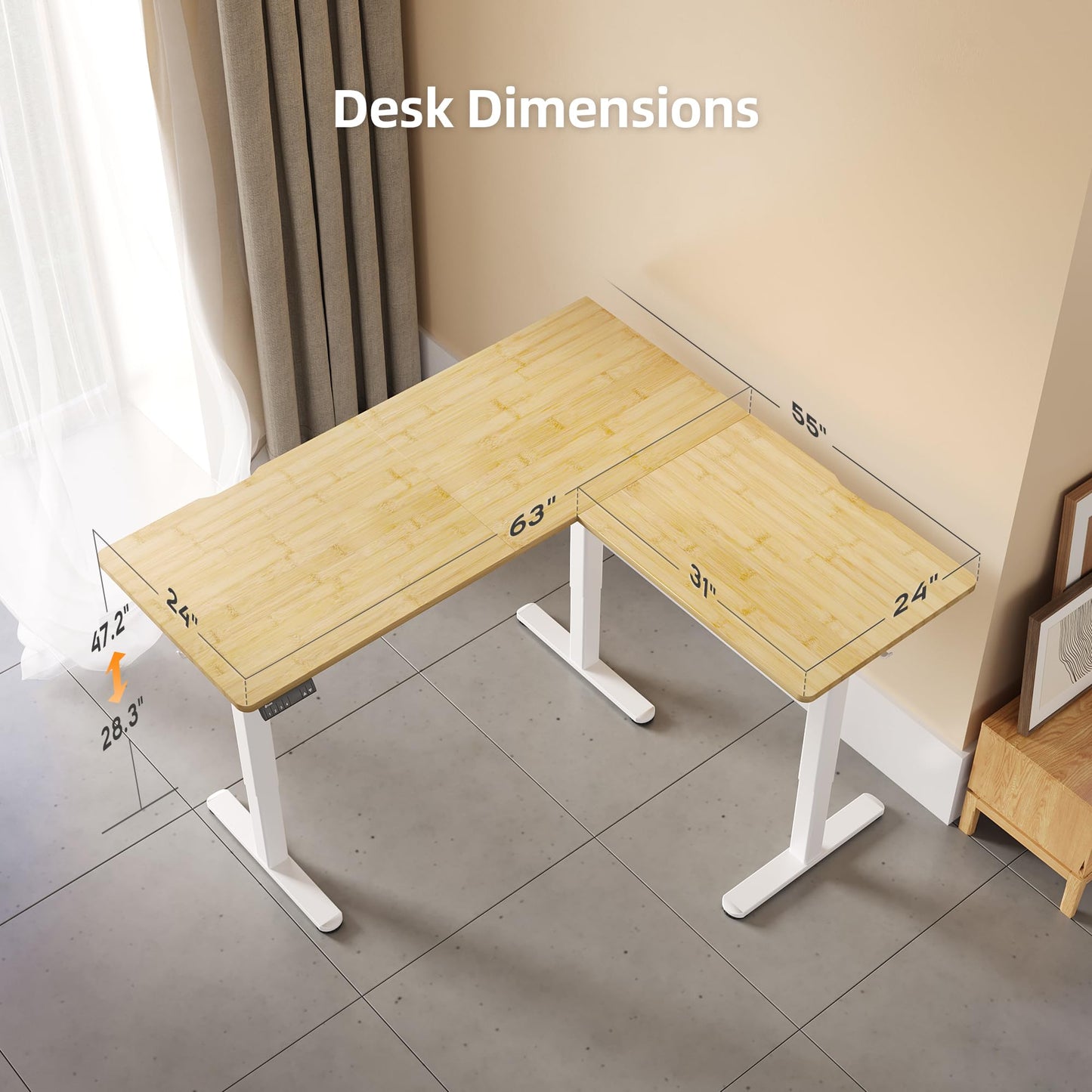 Claiks L Shaped Standing Desk Adjustable Height, Dual Motor Electric Corner Standing Desk, 63x55 inch Sit Stand up Desk with Splice Board, White