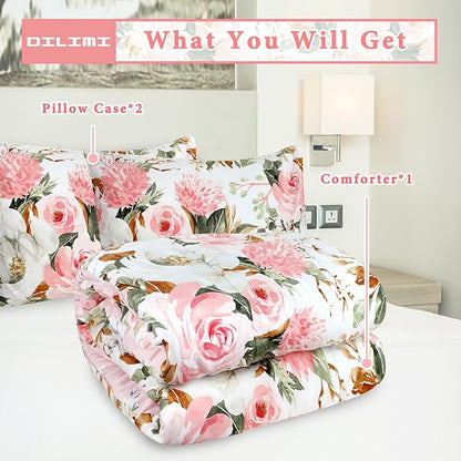 DILIMI King Size Comforter Set, 3 Pieces King Comforter Set, Reversible Pink Floral Comforter King Size, Ultra Soft and Fluffy Bedding Comforter Sets with Comforter, 2 Pillowcase