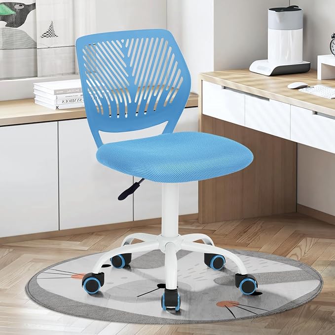 FurnitureR Desk Chair Small Study Chairs Armless for Child Kids Teens, Swivel Rolling Lightweight Task Chair with Wheels and Mesh Padded Cushion, Blue