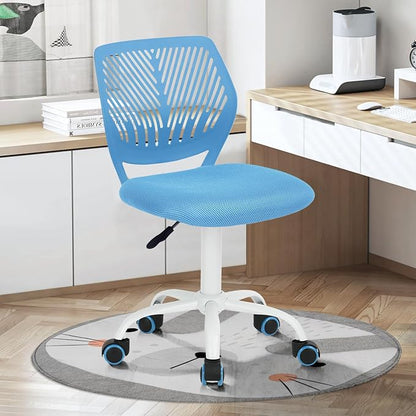 FurnitureR Desk Chair Small Study Chairs Armless for Child Kids Teens, Swivel Rolling Lightweight Task Chair with Wheels and Mesh Padded Cushion, Blue