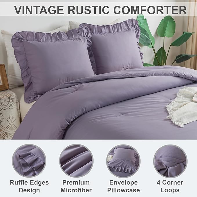 Andency Grayish Purple Comforter Set Full Size, 3 Pieces Lightweight Soft Rustic Ruffle Comforter Women Man, Solid Farmhouse Shabby Chic Microfiber Bedding Comforter Sets for All Season