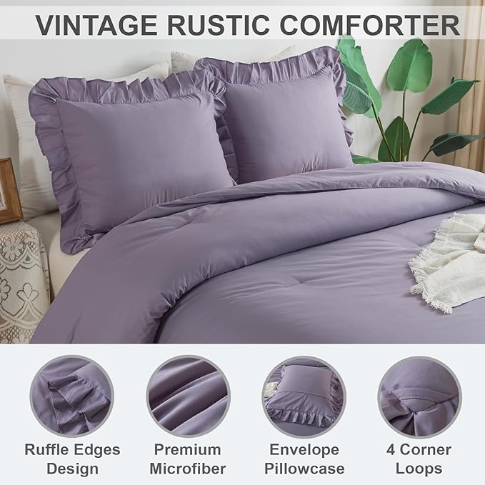 Andency Grayish Purple Ruffle Comforter Set Twin, 2 Pieces Kids Comforter Set Twin(66x90Inch), Lightweight Soft Shabby Chic Bedding Comforter Sets All Season Bed Set for bedrooms