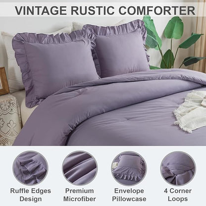 Andency Grayish Purple Ruffle Comforter King, 3 Pieces Solid Farmhouse Shabby Chic Comforter, Lightweight Soft Microfiber Vintage Rustic Bedding Sets All Season (104x90Inch Comforter)