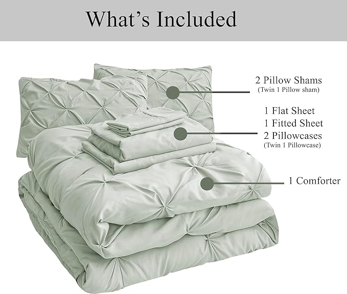 LANE LINEN King Size Comforter Set, 7 Piece Bed in a Bag King Size Set, Pintuck King Bed Set, Soft King Bedding Set, Pinch Pleated King Size Comforter Set with Sheets, Pillowcases & Shams - Mineral