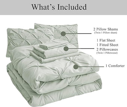 LANE LINEN California King Comforter Set, 7 Piece Cal King Bed in a Bag, Pintuck Cal King Bedding Set, Soft Cali King Bed Set, Cal King Bed Comforter Sets with Sheets, Pillowcases & Shams - Mineral
