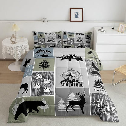 Rustic Farmhouse Cabin Kids Comforter Set Queen Size,Deer Bear Hunting Adventure Bedding Set for Boys Girls Adults Room Decor,Geometric Plaids Down Comforter,Gray Green Duvet Insert,2 Pillowcases