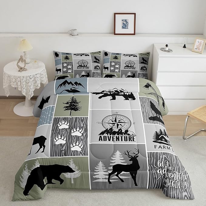 Rustic Farmhouse Cabin Kids Comforter Set Twin Size,Deer Bear Hunting Adventure Bedding Set for Boys Girls Adults Room Decor,Geometric Plaids Down Comforter,Gray Green Duvet Insert,1 Pillowcase