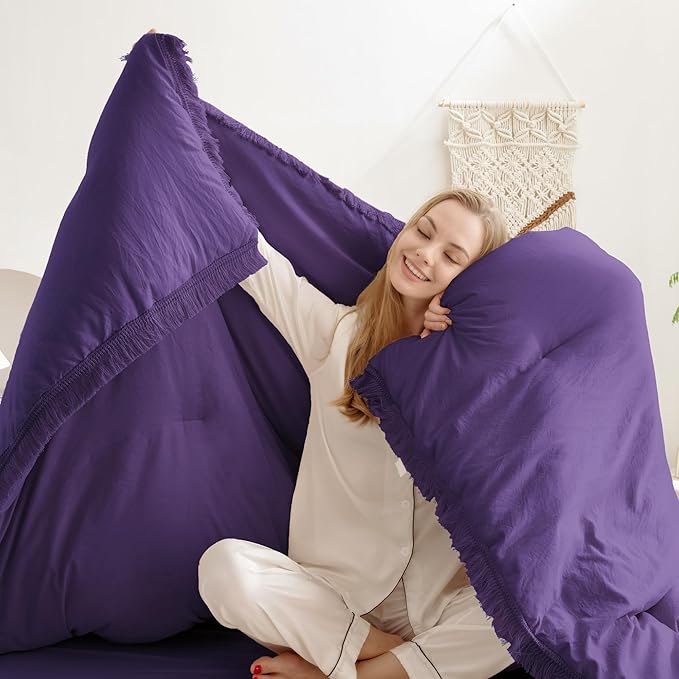 Andency Purple Comforter Set Full, 3 Pieces Boho Tassel Lightweight Bedding Comforter Sets, All Season Soft Fluffy Fringe Bed Set (79x90In Comforter & 2 Pillowcases)