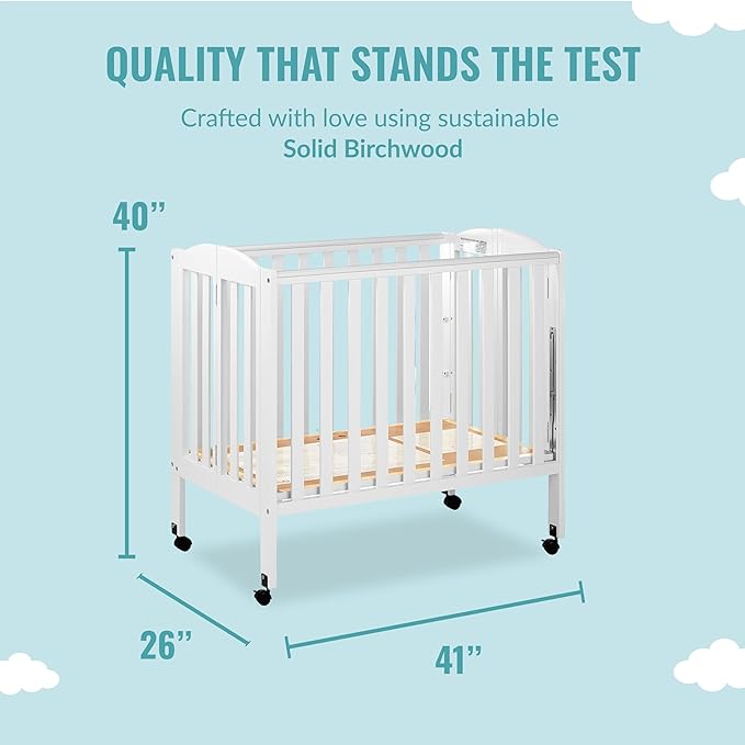 3 in 1 Portable Folding Stationary Side Crib in White, Greenguard Gold Certified, Safety Wheel with Locking Casters, Convertible, 3 Mattress Heights