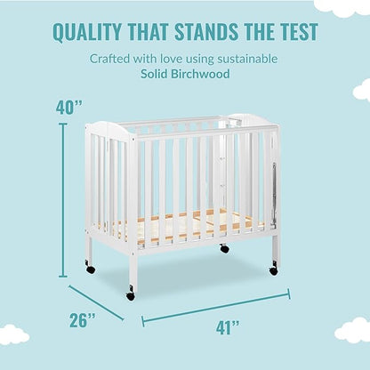 3 in 1 Portable Folding Stationary Side Crib in White, Greenguard Gold Certified, Safety Wheel with Locking Casters, Convertible, 3 Mattress Heights