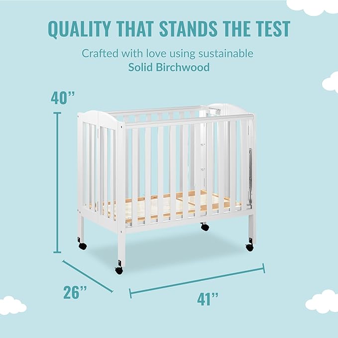 3 in 1 Portable Folding Stationary Side Crib in White, Greenguard Gold & Sunset 3” Extra Firm Fiber Crib Mattress, Greenguard Gold Certified, Waterproof Vinyl Cover