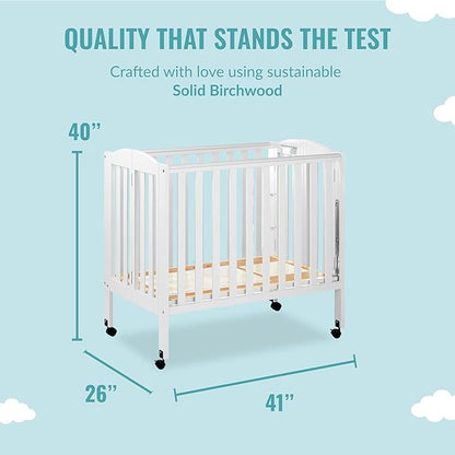 3 in 1 Portable Folding Stationary Side Crib in White, Greenguard Gold & Sunset 3” Extra Firm Fiber Crib Mattress, Greenguard Gold Certified, Waterproof Vinyl Cover