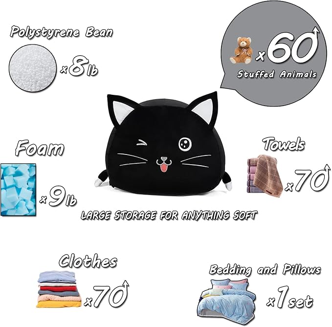 Black Cute Cat Toy Organizers Stuffed Animal Storage Bean Bag Chair for Boys and Girls, Home Game & Recreation Room Kids Furniture Beanbags