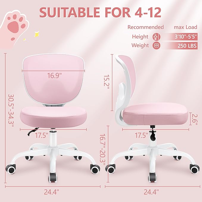 Primy Kids Desk Chair, Ergonomic Children Study Computer Chair Adjustable, Breathable Mesh Office Chair with Wheels, Armless Rolling Swivel School Task Chair for Boys Girls Age 4-12 in Home Bedroom