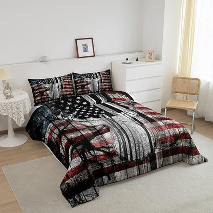 Feelyou American Flag Deer Antlers Bedding Set Hunting Camping Comforter Set for Kids Boys Girls USA Flag Comforter Tree Branch Inner Fill Duvet Set 1 Comforter Set with 1 Pillowcase Twin Size