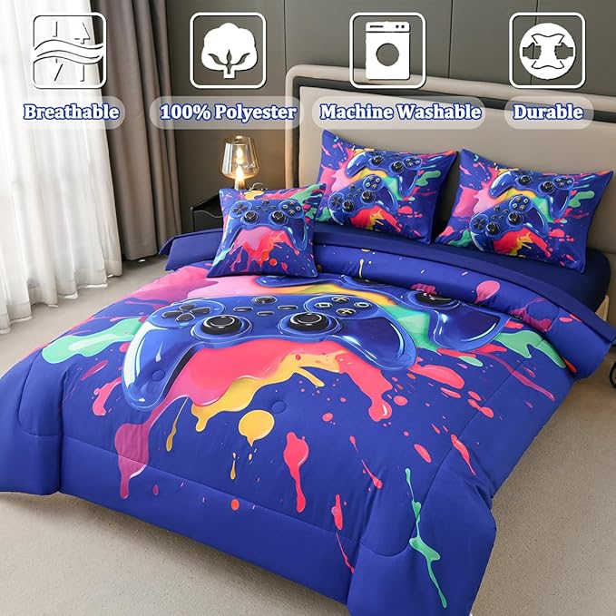Gamer Comforter Set for Boys Kids, 6 Pcs Bed in a Bag Game Controller Boys Bediing Set Twin Size for All Season
