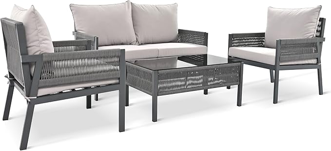 4-Piece Patio Conversation Furniture Set, Rope Weave Outdoor Loveseat Sofa with 2 Armchairs, Thick Cushion&Tempered Glass Table, for Garden Backyard, Onesize, Gray