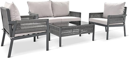 4-Piece Patio Conversation Furniture Set, Rope Weave Outdoor Loveseat Sofa with 2 Armchairs, Thick Cushion&Tempered Glass Table, for Garden Backyard, Onesize, Gray