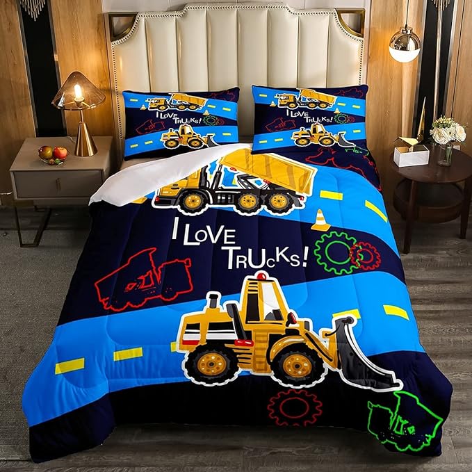 Truck Comforter Set Boys Queen Bedding Sets Kids Excavator Equipment Truck Duvet Set Construction Vehicle Quilt Set Cartoon Machinery Truck Gear Comforter Set Bulldozer Tractor Cars Bedding,Colorful